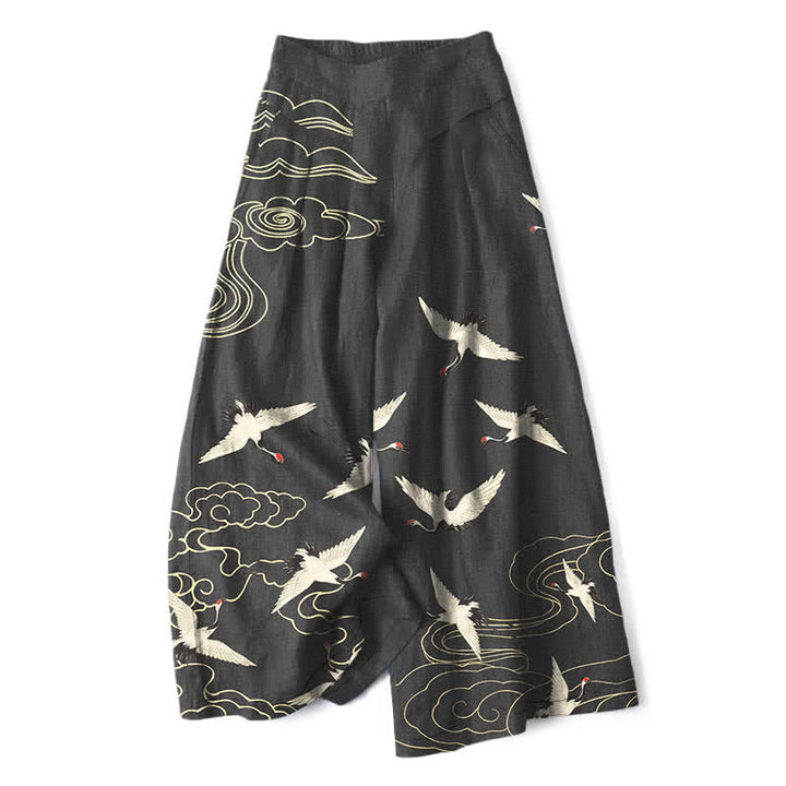 Buddha Stones Pantalon large à taille élastique et poches pour femme, en coton et lin, motif grues et nuages - Noir - US16，UK/AU20，EU48 (3XL) - image 4