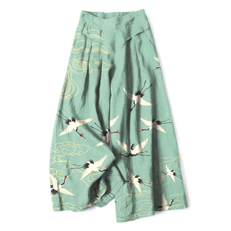 Buddha Stones Pantalon large à taille élastique et poches pour femme, en coton et lin, motif grues et nuages - Aigue-marine moyenne - US16，UK/AU20，EU48 (3XL) - image 6