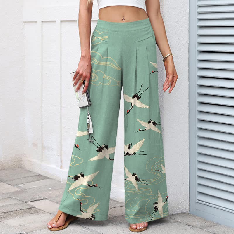 Buddha Stones Pantalon large à taille élastique et poches pour femme, en coton et lin, motif grues et nuages - image 7