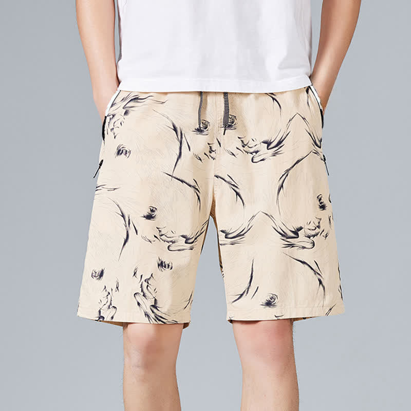 Buddha Stones Short d'été pour homme en coton à cordon de serrage et imprimé abstrait, avec poches - Blé - US/UK/AU48，EU58(5XL) - image 0