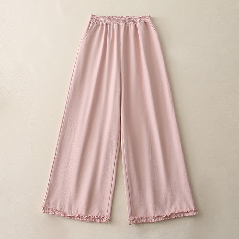 Buddha Stones Pantalon large à volants et poches pour femme, en coton uni, style printemps décontracté. - image 14