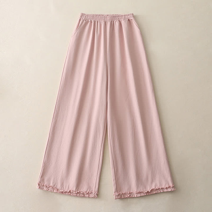 Buddha Stones Pantalon large à volants et poches pour femme, en coton uni, style printemps décontracté. - image 14