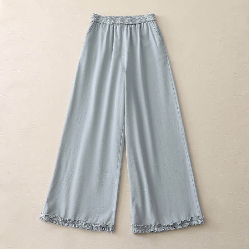 Buddha Stones Pantalon large à volants et poches pour femme, en coton uni, style printemps décontracté. - image 0