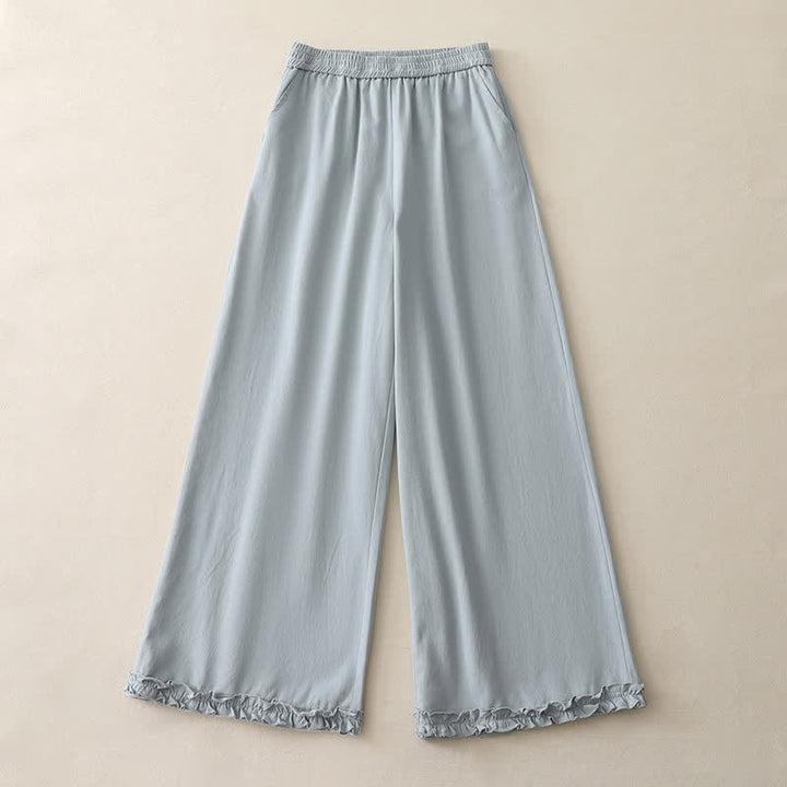 Buddha Stones Pantalon large à volants et poches pour femme, en coton uni, style printemps décontracté. - image 1