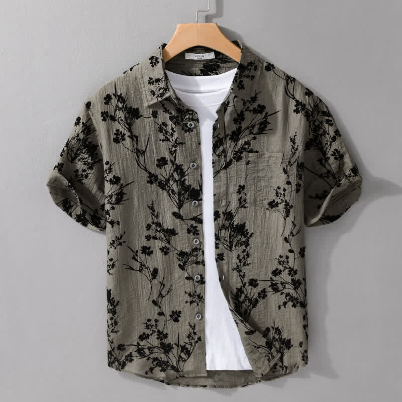 Buddha Stones Chemise d'été décontractée à boutons pour homme, à manches courtes et à motif floral, avec poche décorative - Vert olive - US/UK/AU44，EU54 (3XL) - image 0