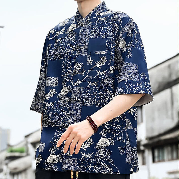 Buddha Stones Chemise d'été pour homme à manches 3/4 avec boutons grenouille, imprimé floral, feuilles et papillons, style Tang, avec poche poitrine - image 11