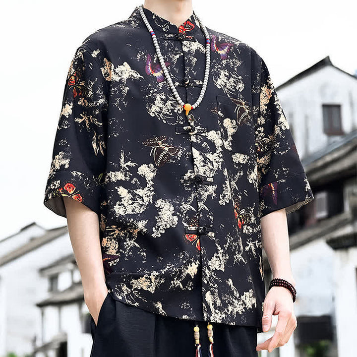 Buddha Stones Chemise d'été pour homme à manches 3/4 avec boutons grenouille, imprimé floral, feuilles et papillons, style Tang, avec poche poitrine - image 5