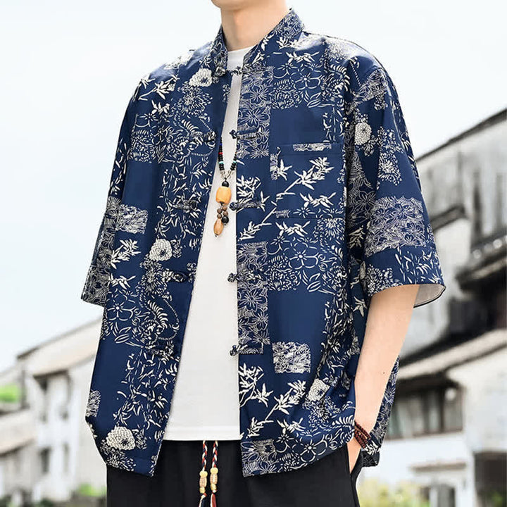 Buddha Stones Chemise d'été pour homme à manches 3/4 avec boutons grenouille, imprimé floral, feuilles et papillons, style Tang, avec poche poitrine - Bleu nuit - US/UK/AU46，EU56 (5XL) - image 6