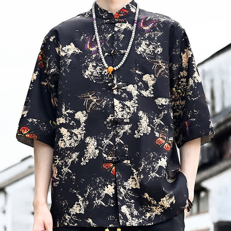 Buddha Stones Chemise d'été pour homme à manches 3/4 avec boutons grenouille, imprimé floral, feuilles et papillons, style Tang, avec poche poitrine - image 3