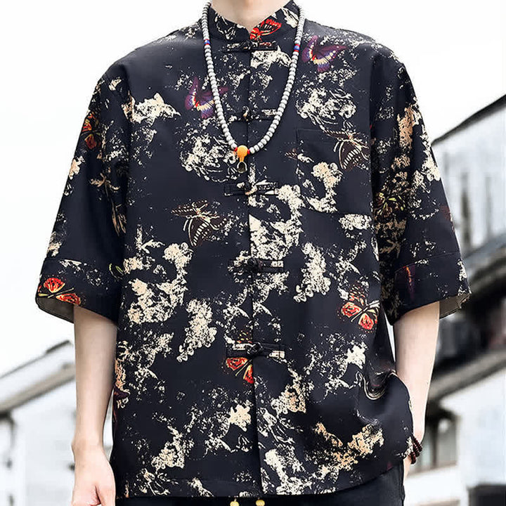 Buddha Stones Chemise d'été pour homme à manches 3/4 avec boutons grenouille, imprimé floral, feuilles et papillons, style Tang, avec poche poitrine - image 3