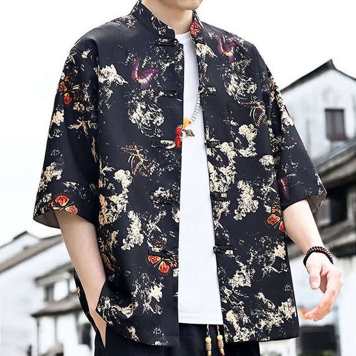 Buddha Stones Chemise d'été pour homme à manches 3/4 avec boutons grenouille, imprimé floral, feuilles et papillons, style Tang, avec poche poitrine - image 4