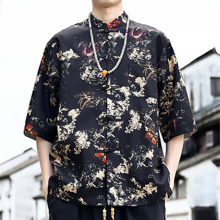 Buddha Stones Chemise d'été pour homme à manches 3/4 avec boutons grenouille, imprimé floral, feuilles et papillons, style Tang, avec poche poitrine - image 1