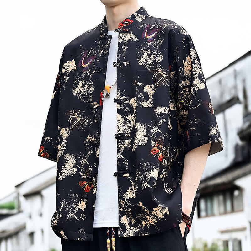 Buddha Stones Chemise d'été pour homme à manches 3/4 avec boutons grenouille, imprimé floral, feuilles et papillons, style Tang, avec poche poitrine - image 0