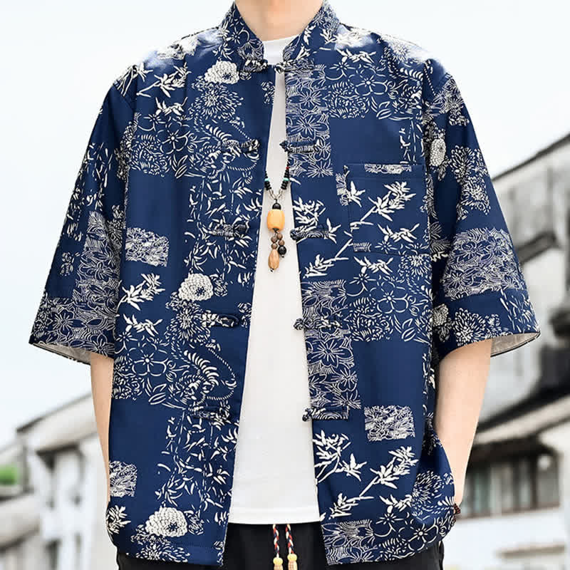 Buddha Stones Chemise d'été pour homme à manches 3/4 avec boutons grenouille, imprimé floral, feuilles et papillons, style Tang, avec poche poitrine - image 7