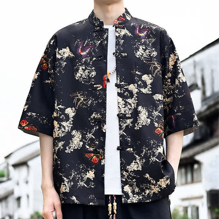 Buddha Stones Chemise d'été pour homme à manches 3/4 avec boutons grenouille, imprimé floral, feuilles et papillons, style Tang, avec poche poitrine - Noir - US/UK/AU46，EU56 (5XL) - image 2