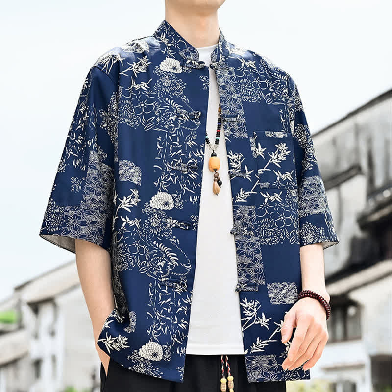 Buddha Stones Chemise d'été pour homme à manches 3/4 avec boutons grenouille, imprimé floral, feuilles et papillons, style Tang, avec poche poitrine - image 12