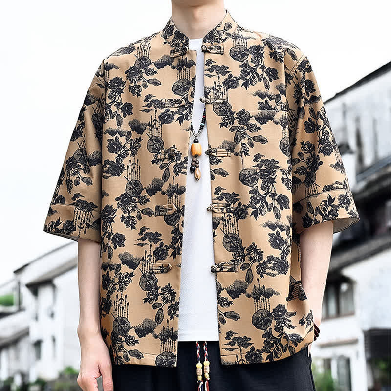 Buddha Stones Chemise d'été pour homme à manches 3/4 avec boutons grenouille, imprimé floral, feuilles et papillons, style Tang, avec poche poitrine - image 15