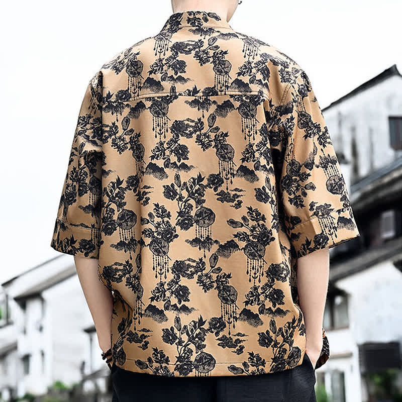 Buddha Stones Chemise d'été pour homme à manches 3/4 avec boutons grenouille, imprimé floral, feuilles et papillons, style Tang, avec poche poitrine - image 14
