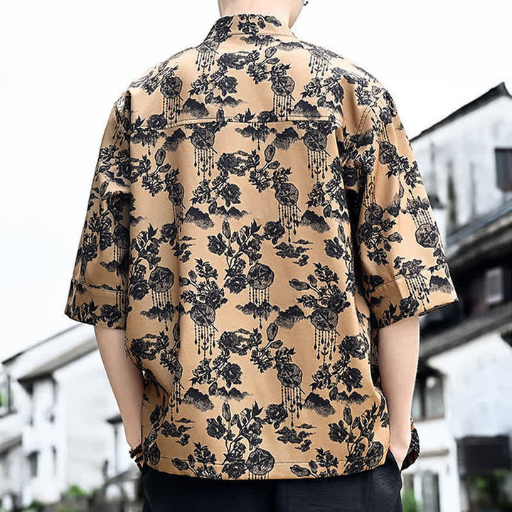 Buddha Stones Chemise d'été pour homme à manches 3/4 avec boutons grenouille, imprimé floral, feuilles et papillons, style Tang, avec poche poitrine - image 14