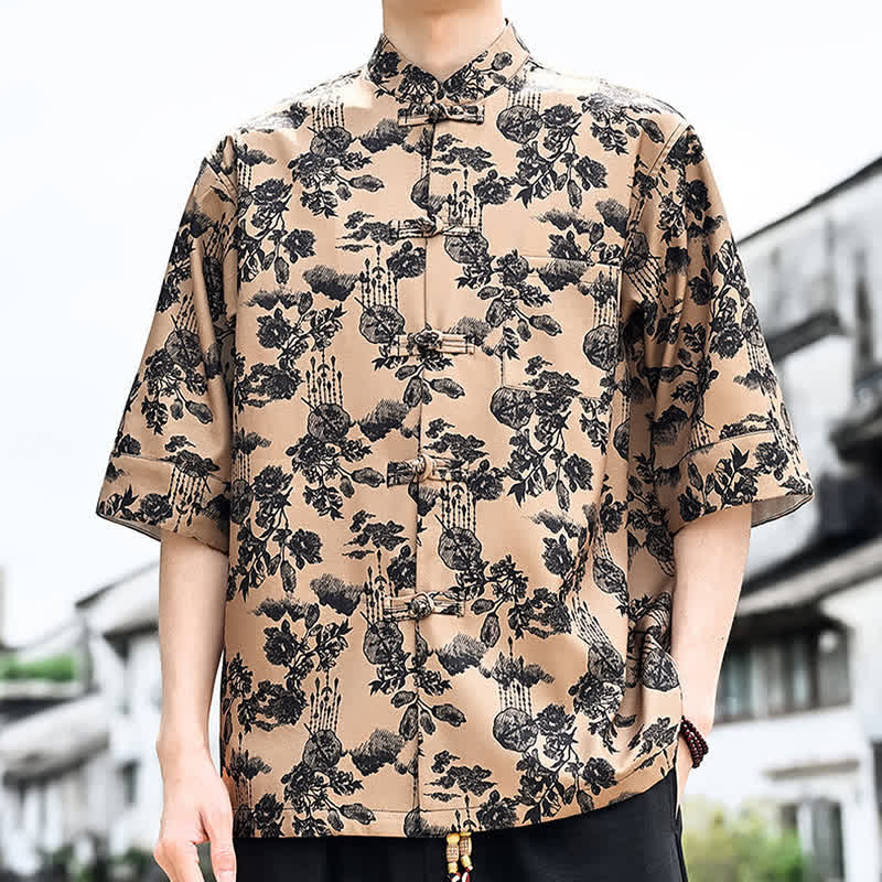 Buddha Stones Chemise d'été pour homme à manches 3/4 avec boutons grenouille, imprimé floral, feuilles et papillons, style Tang, avec poche poitrine - image 17
