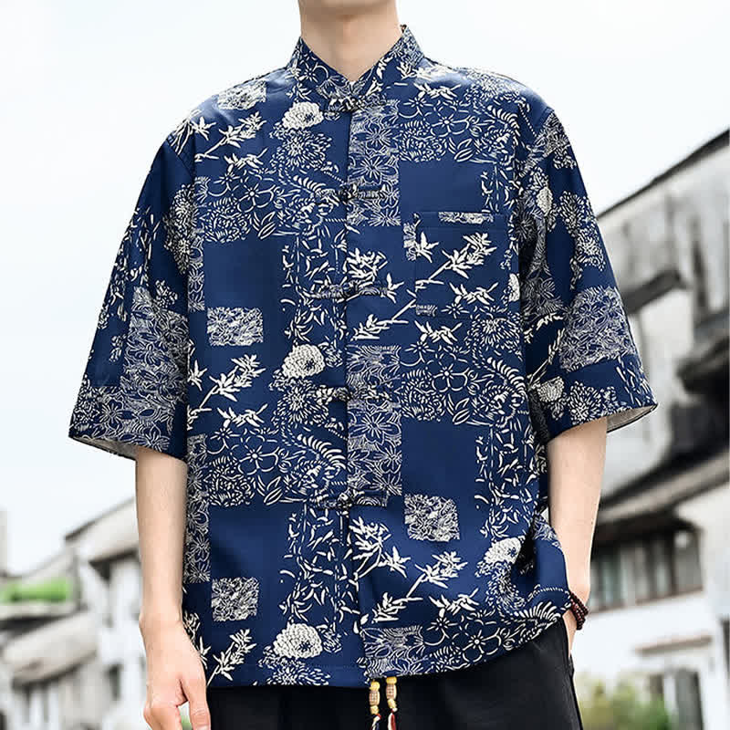 Buddha Stones Chemise d'été pour homme à manches 3/4 avec boutons grenouille, imprimé floral, feuilles et papillons, style Tang, avec poche poitrine - image 9