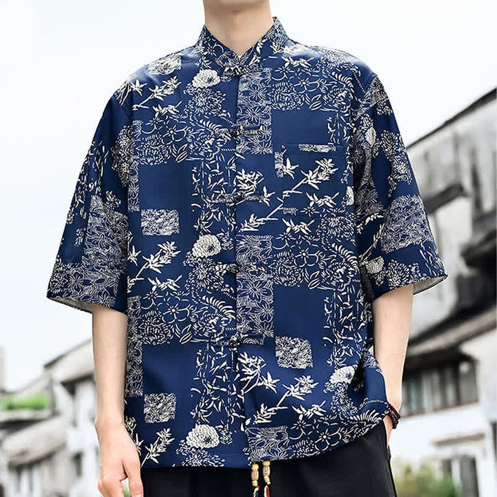 Buddha Stones Chemise d'été pour homme à manches 3/4 avec boutons grenouille, imprimé floral, feuilles et papillons, style Tang, avec poche poitrine - image 9