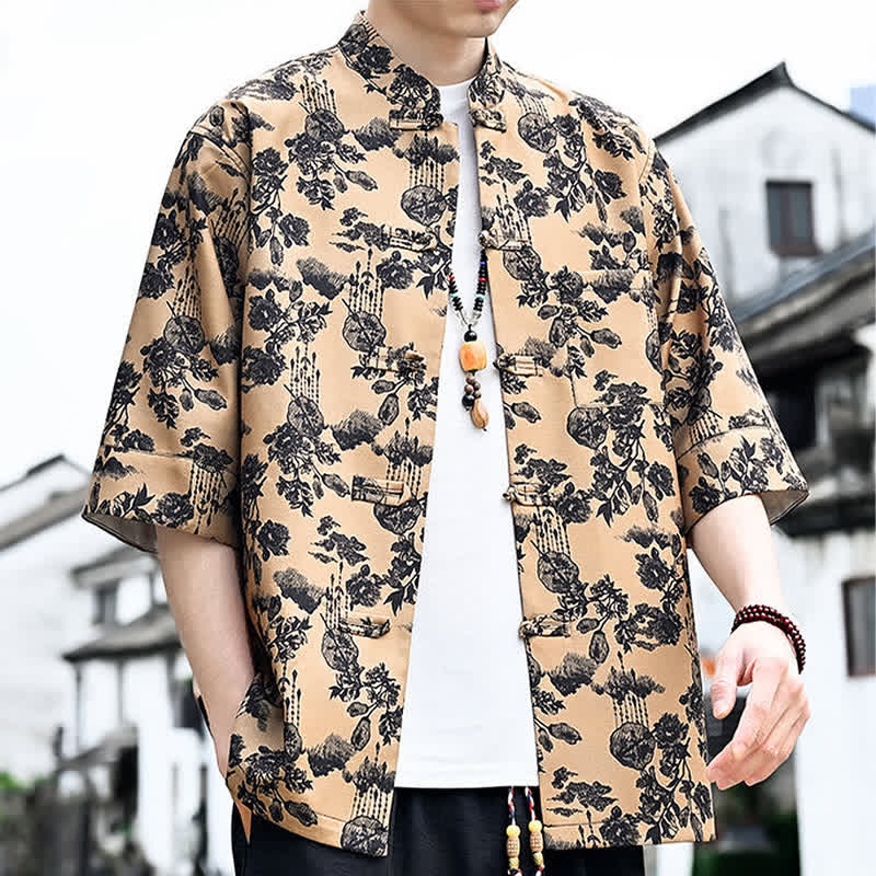 Buddha Stones Chemise d'été pour homme à manches 3/4 avec boutons grenouille, imprimé floral, feuilles et papillons, style Tang, avec poche poitrine - image 18