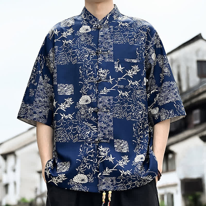 Buddha Stones Chemise d'été pour homme à manches 3/4 avec boutons grenouille, imprimé floral, feuilles et papillons, style Tang, avec poche poitrine - image 10