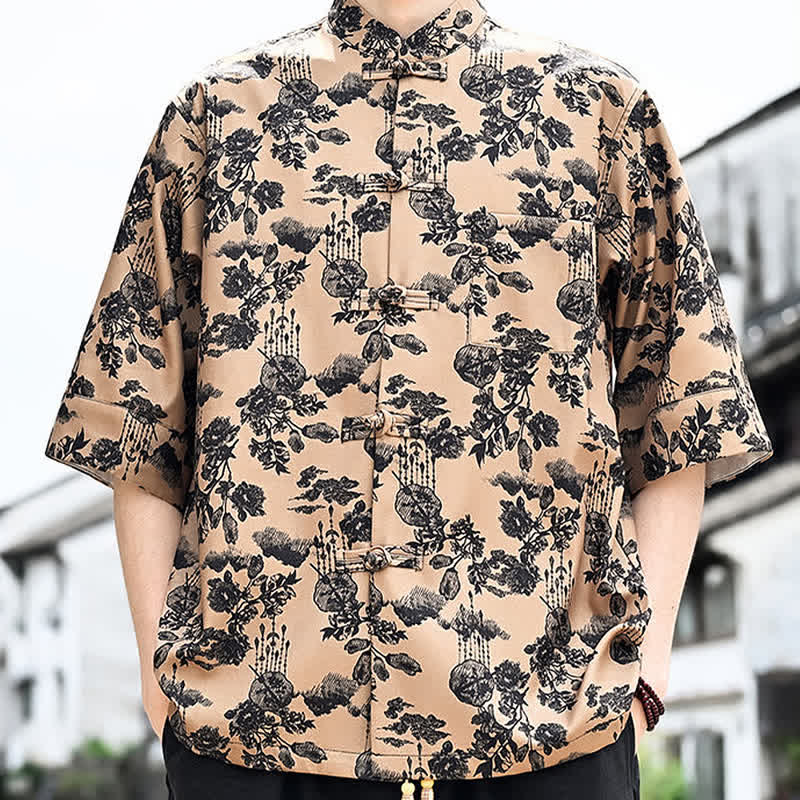 Buddha Stones Chemise d'été pour homme à manches 3/4 avec boutons grenouille, imprimé floral, feuilles et papillons, style Tang, avec poche poitrine - image 16