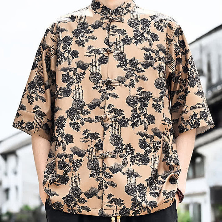 Buddha Stones Chemise d'été pour homme à manches 3/4 avec boutons grenouille, imprimé floral, feuilles et papillons, style Tang, avec poche poitrine - image 16