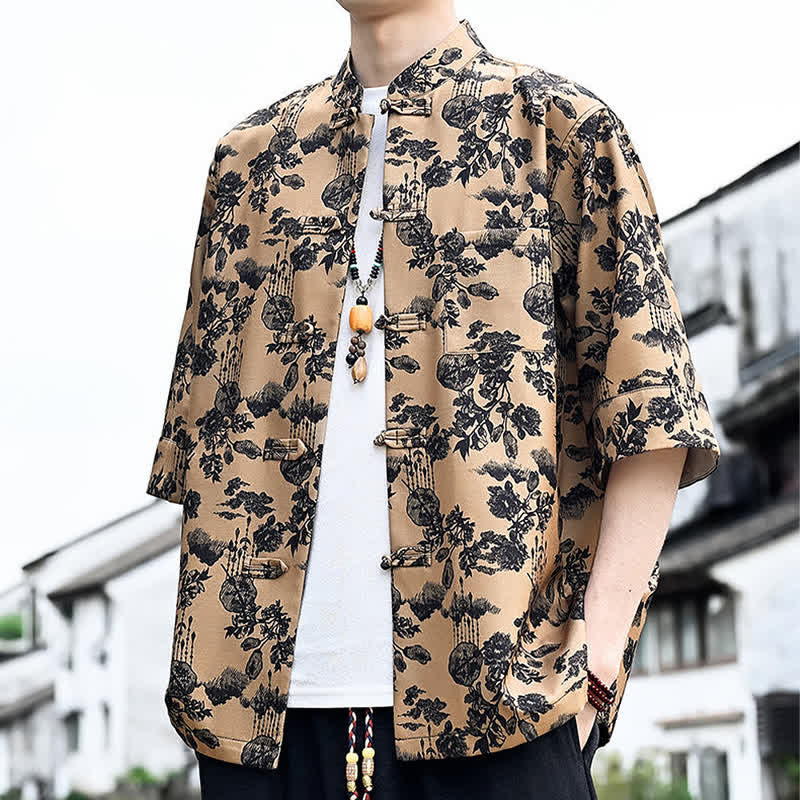 Buddha Stones Chemise d'été pour homme à manches 3/4 avec boutons grenouille, imprimé floral, feuilles et papillons, style Tang, avec poche poitrine - BurlyWood - US/UK/AU46，EU56 (5XL) - image 13