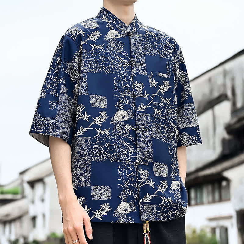 Buddha Stones Chemise d'été pour homme à manches 3/4 avec boutons grenouille, imprimé floral, feuilles et papillons, style Tang, avec poche poitrine - image 8