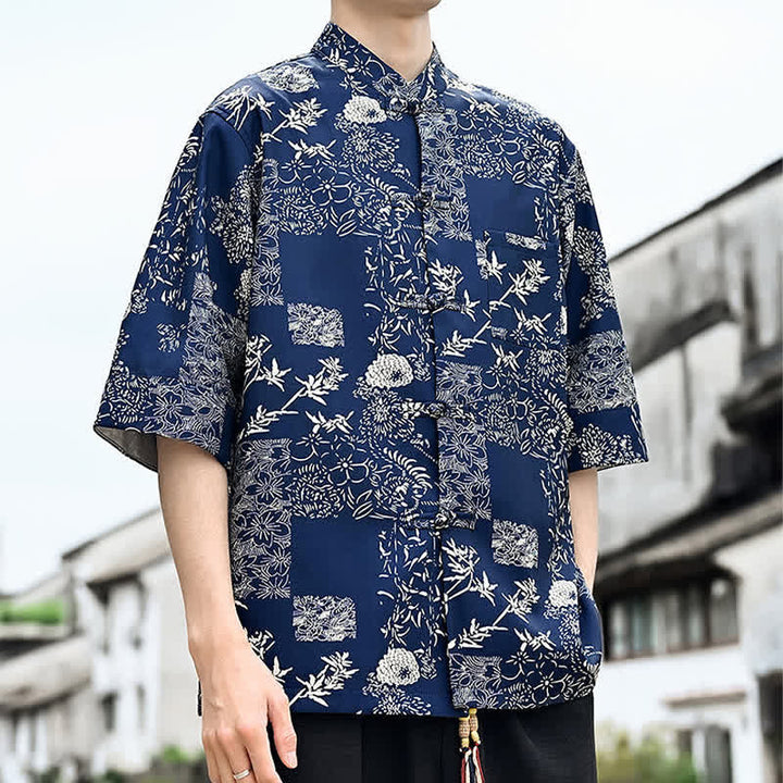 Buddha Stones Chemise d'été pour homme à manches 3/4 avec boutons grenouille, imprimé floral, feuilles et papillons, style Tang, avec poche poitrine - image 8