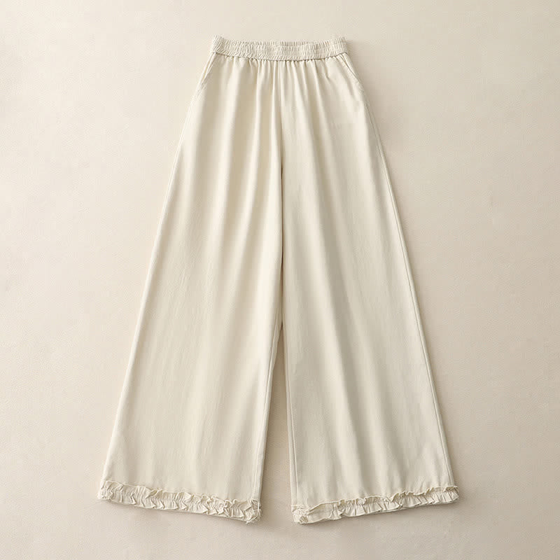Buddha Stones Pantalon large à volants et poches pour femme, en coton uni, style printemps décontracté. - Blanc antique - US12，UK/AU16，EU44 (2XL) - image 5