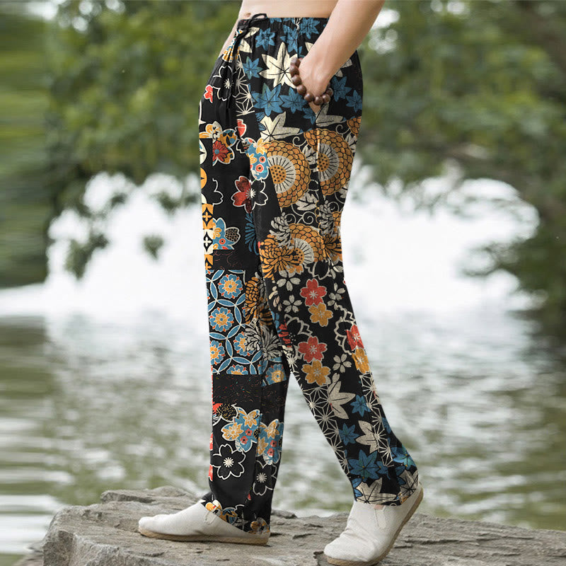 Buddha Stones Pantalon fuselé pour homme en coton à motif patchwork floral bohème, avec poches - image 1