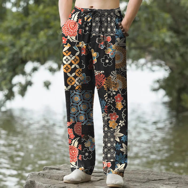 Buddha Stones Pantalon fuselé pour homme en coton à motif patchwork floral bohème, avec poches - Noir - US/UK/AU50，EU60 (5XL) - image 0