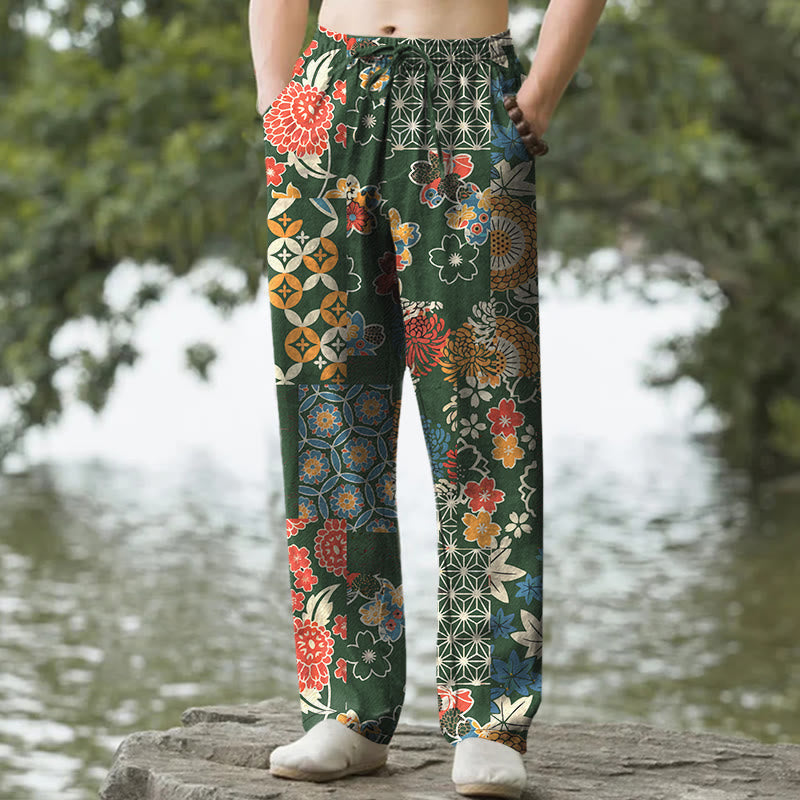 Buddha Stones Pantalon fuselé pour homme en coton à motif patchwork floral bohème, avec poches - Vert forêt - US/UK/AU50，EU60 (5XL) - image 4