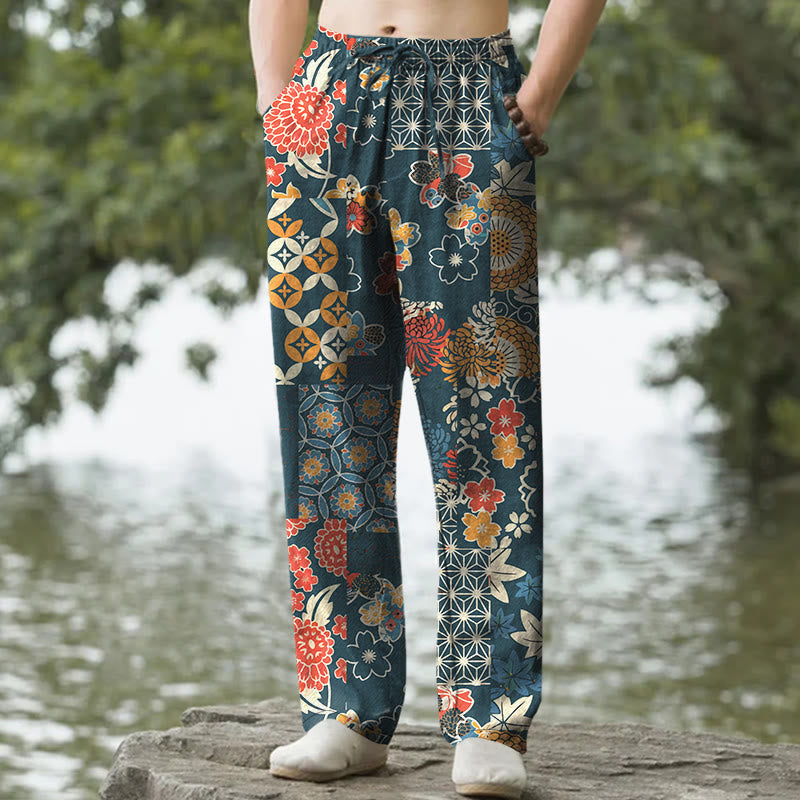 Buddha Stones Pantalon fuselé pour homme en coton à motif patchwork floral bohème, avec poches - Sarcelle - US/UK/AU50，EU60 (5XL) - image 6