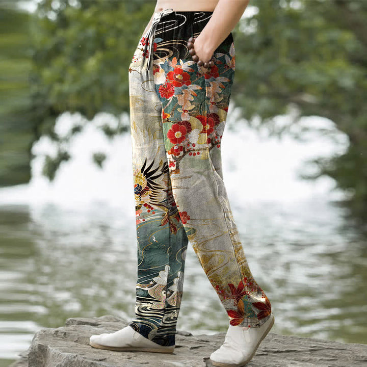 Buddha Stones Pantalon fuselé pour homme en coton blanc à motif de vagues et grues, avec poches - image 1