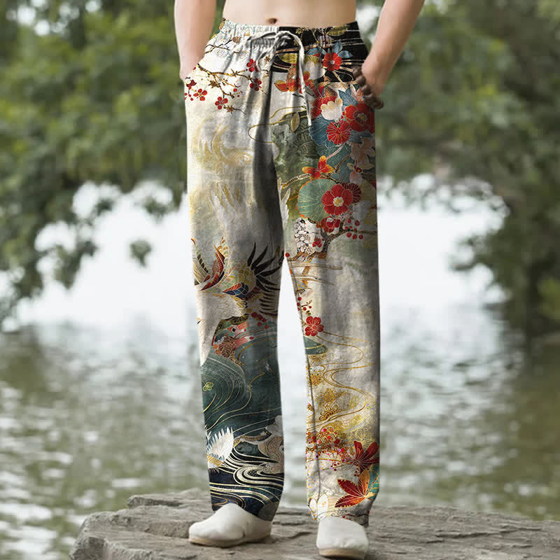 Buddha Stones Pantalon fuselé pour homme en coton blanc à motif de vagues et grues, avec poches - Beige - US/UK/AU50，EU60 (5XL) - image 0