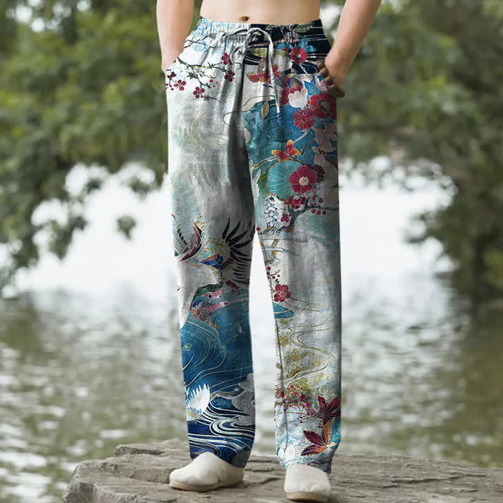 Buddha Stones Pantalon fuselé pour homme en coton blanc à motif de vagues et grues, avec poches - Turquoise - US/UK/AU50，EU60 (5XL) - image 4