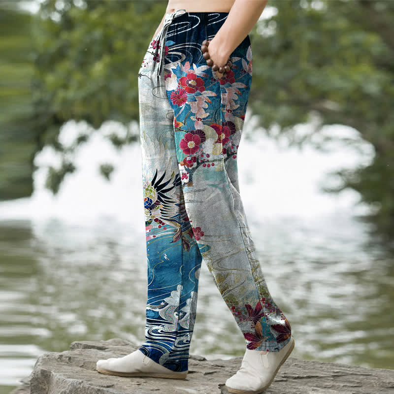 Buddha Stones Pantalon fuselé pour homme en coton blanc à motif de vagues et grues, avec poches - image 5