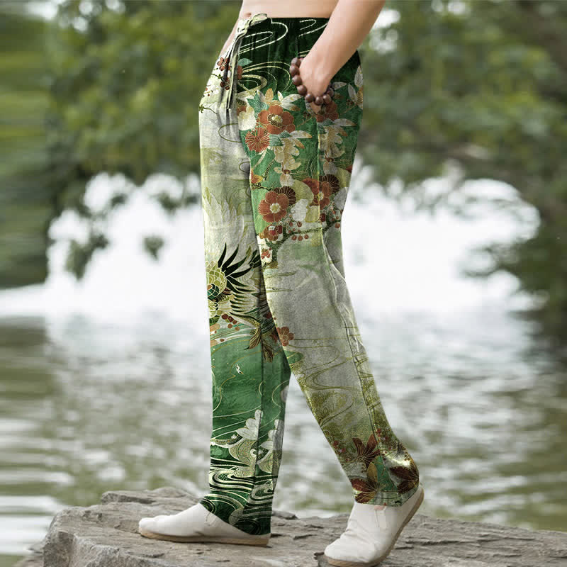 Buddha Stones Pantalon fuselé pour homme en coton blanc à motif de vagues et grues, avec poches - image 7
