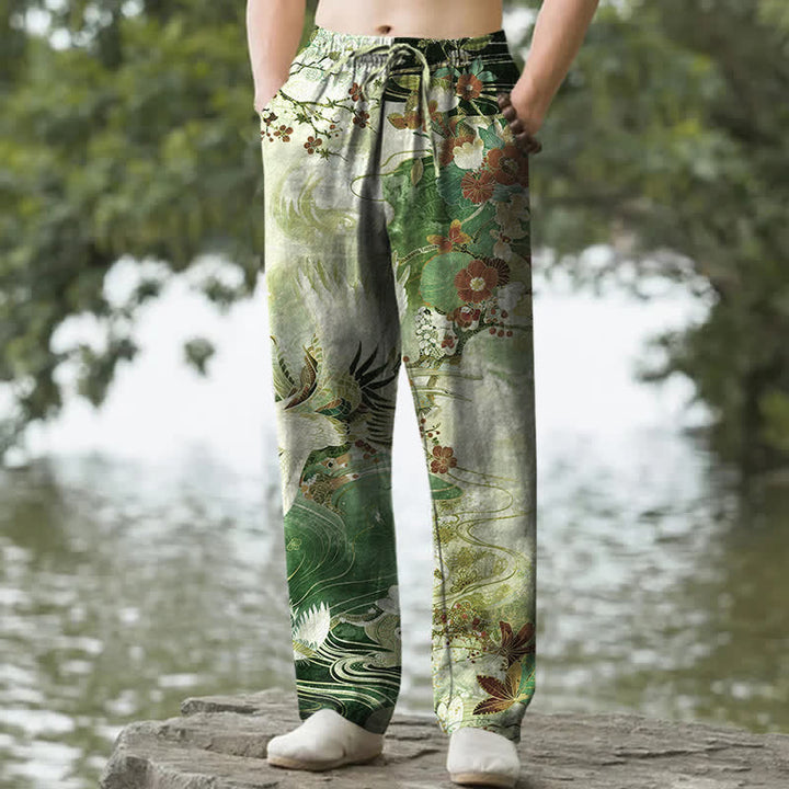 Buddha Stones Pantalon fuselé pour homme en coton blanc à motif de vagues et grues, avec poches - Vert forêt - US/UK/AU50，EU60 (5XL) - image 6