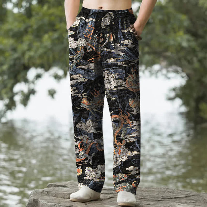 Buddha Stones Pantalon fuselé pour homme en coton à motif nuage de dragon, avec poches - Noir - US/UK/AU50，EU60 (5XL) - image 0