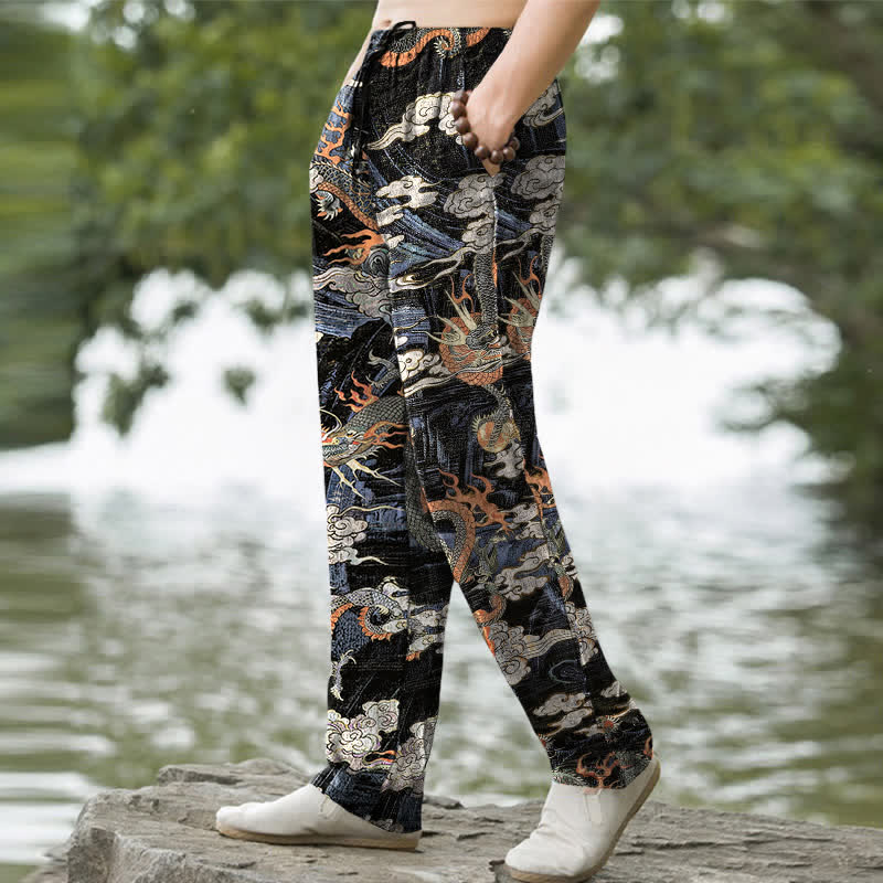 Buddha Stones Pantalon fuselé pour homme en coton à motif nuage de dragon, avec poches - image 1