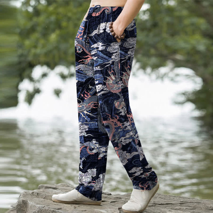 Buddha Stones Pantalon fuselé pour homme en coton à motif nuage de dragon, avec poches - image 5