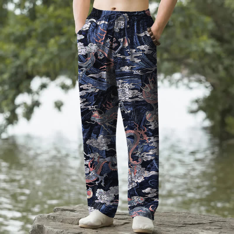 Buddha Stones Pantalon fuselé pour homme en coton à motif nuage de dragon, avec poches - Marine - US/UK/AU50，EU60 (5XL) - image 4