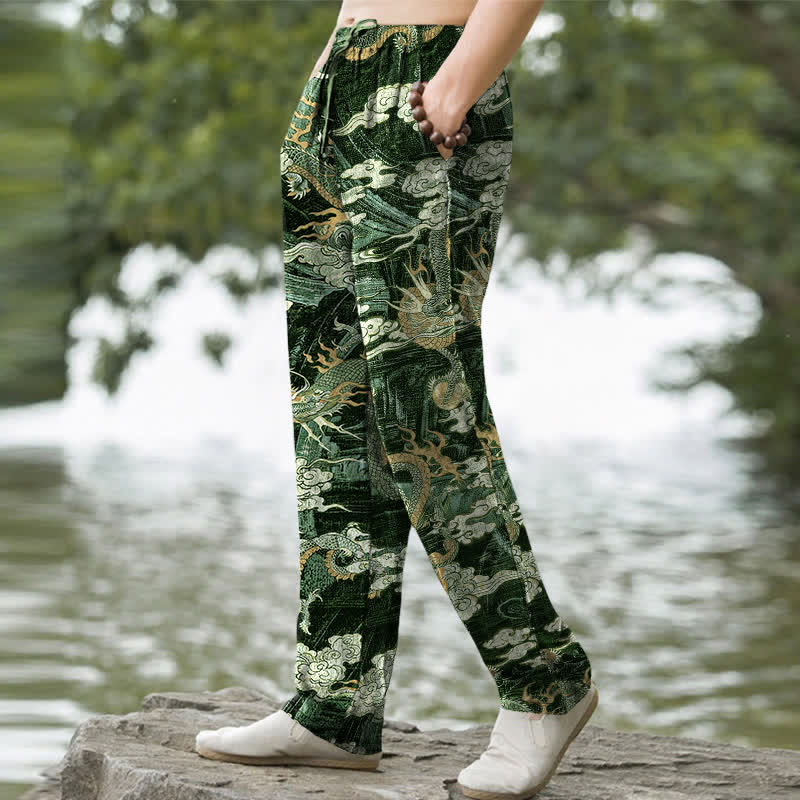Buddha Stones Pantalon fuselé pour homme en coton à motif nuage de dragon, avec poches - image 7