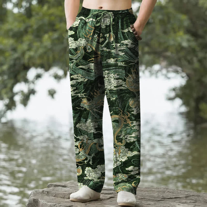 Buddha Stones Pantalon fuselé pour homme en coton à motif nuage de dragon, avec poches - Vert forêt - US/UK/AU50，EU60 (5XL) - image 6